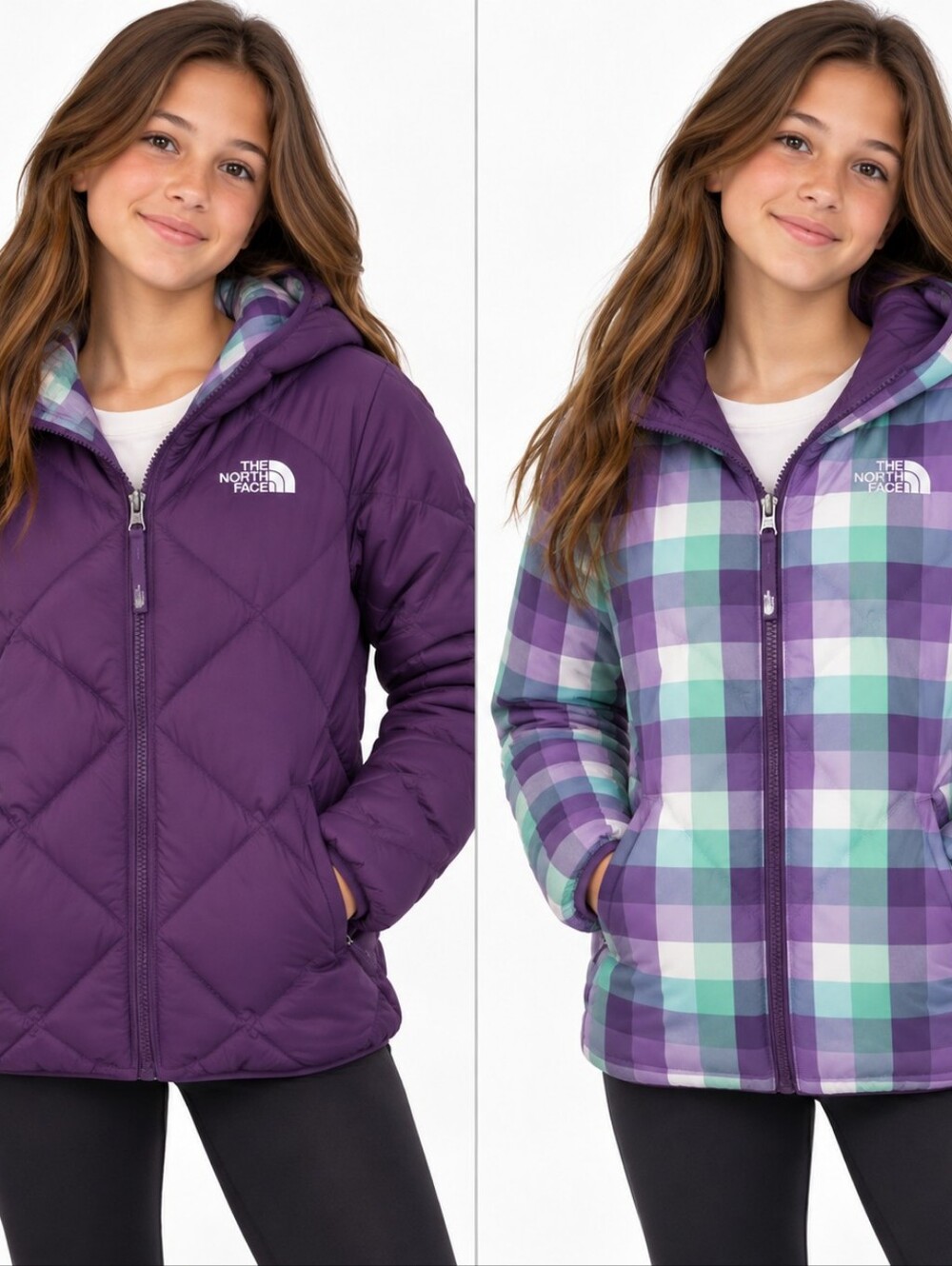 The North Face Girls XL 18 Reversible Hooded Puffer Jacket Purple Plaid